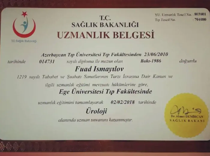 T.C. Sağlık Bakanlığı uzmanlıq belgəsi — Üroloji, Ege Üniversitesi, 2018